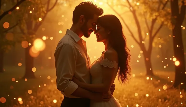 A closer shot of the couple in an eternal embrace, blending softly with golden hues and glowing fireflies around them, symbolizing the timeless nature of their bond.cinematic 3D