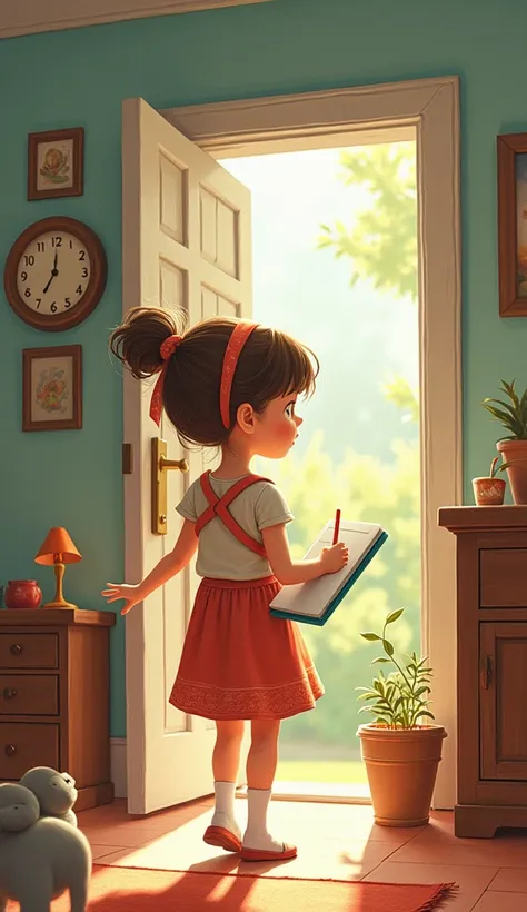 A very clear hd image, young girl walks through her house, her sketchpad in hand. As she draws, small objects around the house—like a lamp, a clock, and a pet—come to life. The girl excitedly watches as they interact with her. However, things start to get ...