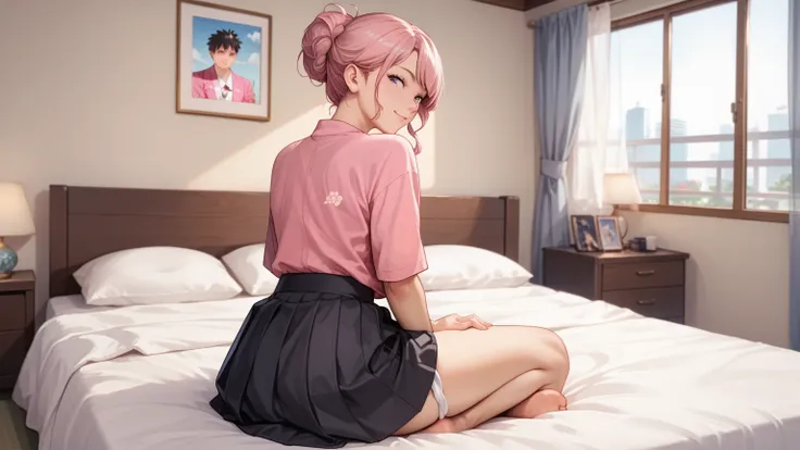 rating_safe, score_9, score_8_up, score_7_up, source_anime, masterpiece, best quality, solo, 1girl, wondering face, firm breasts(she is wearing pink shirt, black skirt, white panties) ( sitting hand between legs straight on bed, look back, rear view) see b...