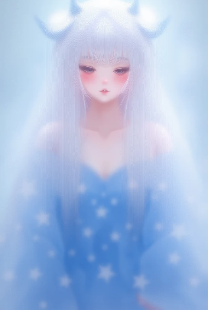  An anime girl with long white hair wearing blue pajamas with stars while wearing a headpiece matching her pajamas, she had huge breasts and a sleepy expression 