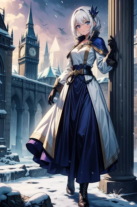 ((masterpiece, best quality:1.3, high detail)), beautiful woman looking at viewer, long straight hair, (white hair), hairpin, bright blue eyes, dark blue, (white blouse long sleeves), coat, (long blue skirt), (long skirt:1.3), (belt, gloves, boots), collar...