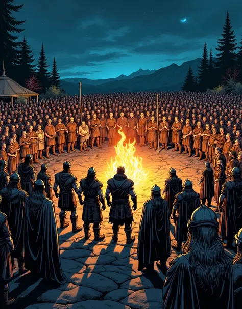  Comic-style image. a Viking ceremony ,  at night, In a huge,  many Vikings between men and women around