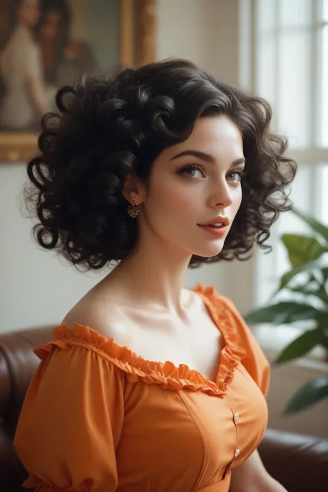 One with curly black hair ,  with an orange blouse written  ( Achadinhos dShopee )