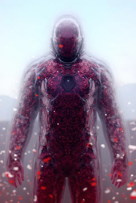 Create an ultra-realistic full-body view of Iron Man, shot from a low, angular camera angle that shows the entire suit. The armor should feature intricate metallic textures in red, white, and blue, inspired by the Japanese flag, with sleek and polished sur...