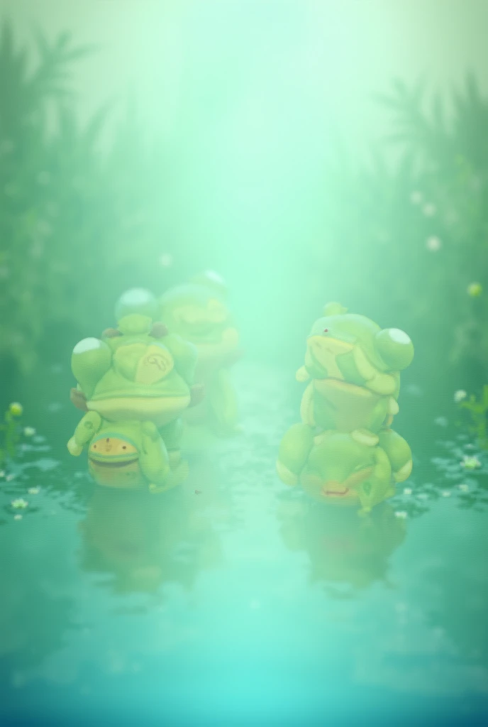 A pond with several frogs,  anime style 