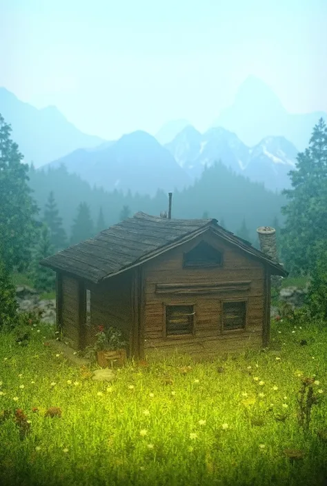 Create me a rural house in the middle of the mountain ,  on the outskirts I want it to have a porch with a small table where I can eat