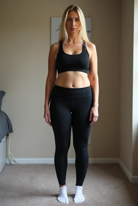 Hot blonde thicker regular body 40 years old woman with nice legs standing with legs slightly spread apart in bedroom with carpet wearing black sports bra and long black gym leggings and white no show socks (zoomed out full body shot) show legs and feet (f...