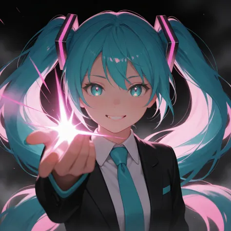 masterpiece,best quality,amazing quality,very aesthetic,absurdres,newest,impactful picture,offcial art,movie perspective, (aos:0.5),(fajyobore:0.5),(chiaroscuro:0.5), Hatsune Miku,limited palette,black background,colorful,vibrant,glowing outline,neon,black...