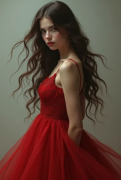 Create a girl with long hair and go over one side of her neck wearing a red dress 