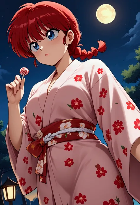 Ranma, Red Hair,  yukata with white floral pattern,Red cloth belt ,firework, healthy body,  looking up at the sky, angle looking up from below,From afar ,  amazing views ,Holding candy