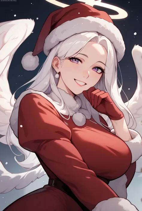 Mature Woman, fair skin, purple eyes, white hair, long hair, Angel wings,bangs ,Long red dress with white fur, Christmas hat, long sleeves,Smiling 