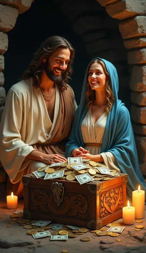 Jesus and Mary in a cave smiling near a chest full of bills and coins
