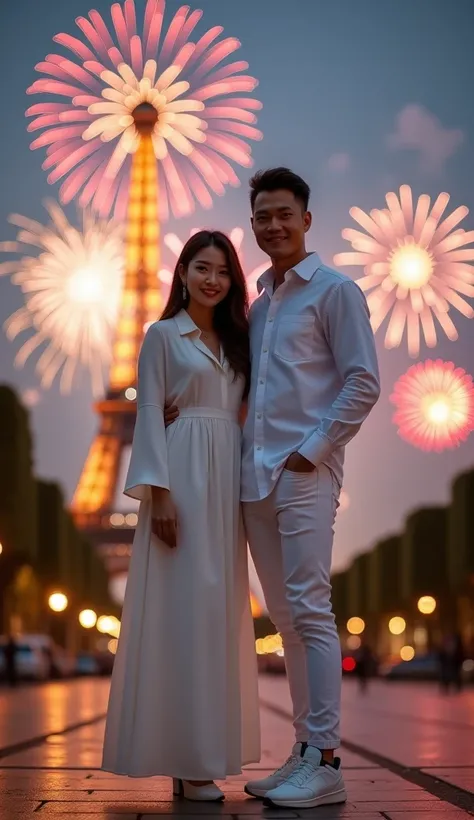  Realistic HD full body ,  a beautiful Korean Muslim woman standing ,  wearing a white dress , jibab cream ,  white high heels ,  next to her there handsome korean guy with brown capcut hair,  wears elegant white shirt ,  white bikers jeans ,  tall jordan ...