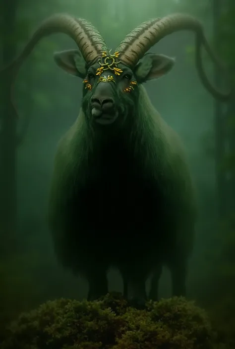 Imagine a mountain goat with an imposing and regal presence, resembling a forest king. Its fur is thick and luxurious, a mix of deep emerald green and rich earth tones, blending seamlessly with the forest surroundings. The goats large, curved horns are cro...