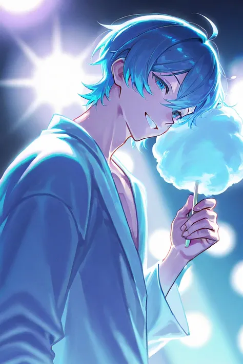 A tall boy with cotton candy blue hair. The boy have a cute face, his right hand holding a mic while his left hand reaching out to the audiences. Hes smiling. The background is a stage dominated by purple, blue and white color. Hes crazily handsome. An eth...