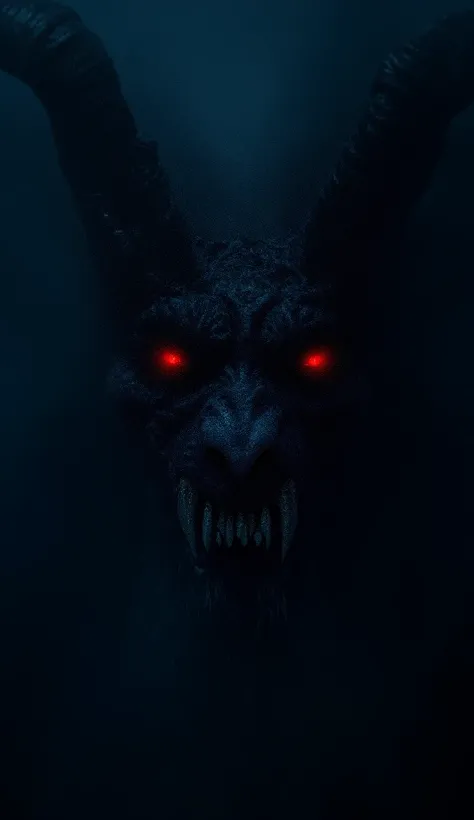 A close-up of the Krampuss glowing red eyes and malevolent smile, as if emerging from the shadows; the viewer feels as though the creature is staring directly at them, warning them of its presence