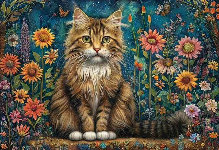 masterpiece, top quality , illustration,Julie Paschkis style，1 cat in the center