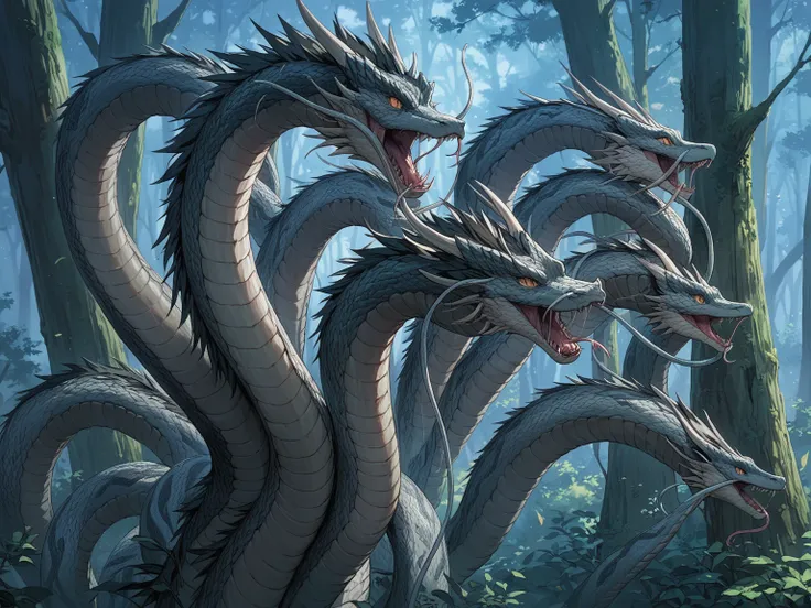 score_9, score_8_up, score_7_up, score_anime, Idealized Forms, Natural Light, details background, blurry background, extremely detailed,eight grey, twisted and long snakes in the trees with lots of branches around them, no humans, dragon, nature, tree, for...