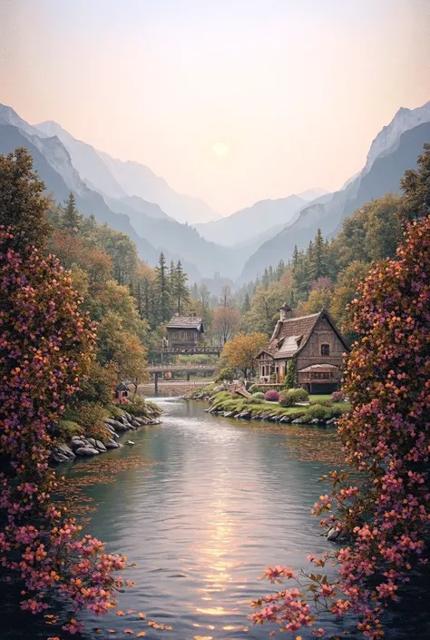  A small town by the river , mountains in the background,  colorful floral flowers ,  detailed landscape,  beautiful natural landscapes ,  atmospheric lighting , scorching sunset,  warm colors , practical, Photographic, detailed foliage, complex buildings,...