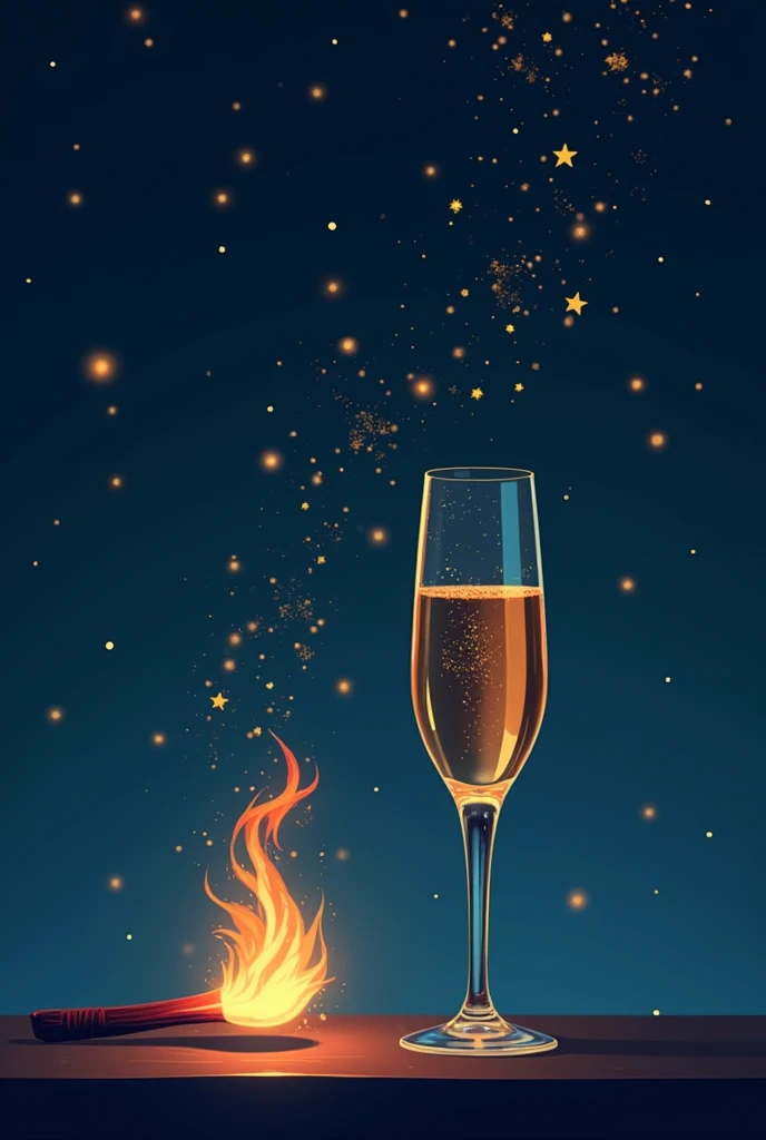  Minimalist color illustration with fine lines ,  showing a glass of clear champagne with clean golden liquid , placed next to the image ,  and a burning flare that emits bright flares in the form of small stars.  The background is a dark blue sky full of ...