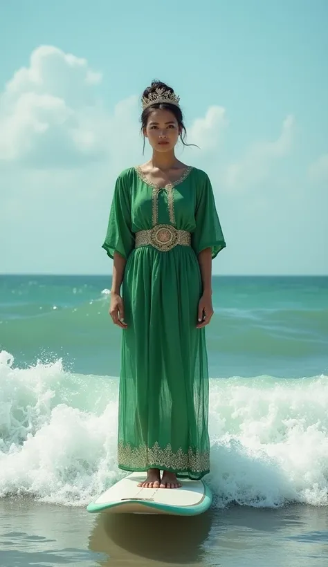 a stocky white Indonesian woman wearing an elegant classic Javanese traditional green kebaya and a crown and a medium bun standing on a surfboard amidst the surging waves of the rising sea which is hyper realistic 8K image