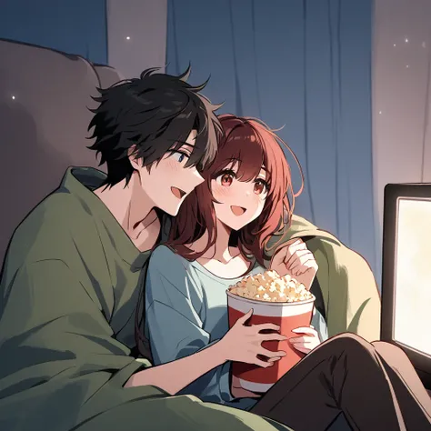 a woman and a man, both friends, are sitting together watching a movie. The man, with messy black hair and pale skin, holds a bowl of popcorn, occasionally taking a handful while his eyes stay on the screen. The woman, with fair skin and dark red hair, snu...