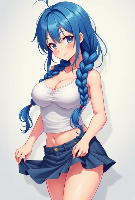  blue hair, braided , big breasts видно нижнюю часть из под топа , skirt but you can see that there is a horny dick underneath,  anime style 