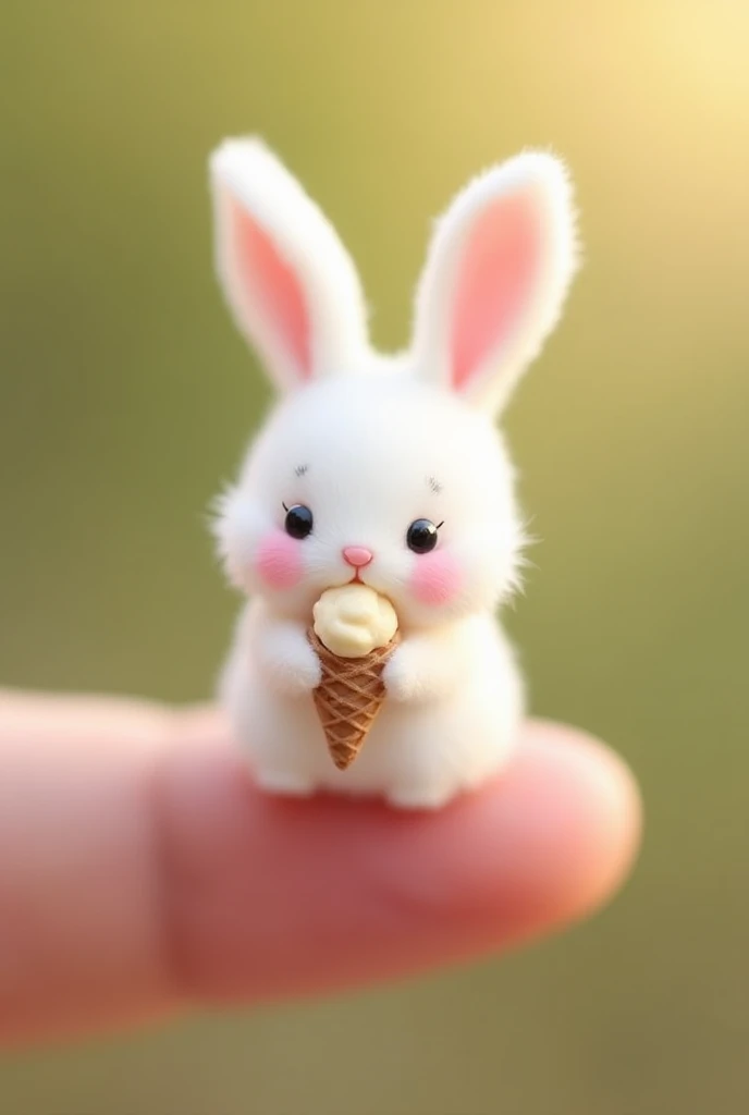 There is a little rabbit on my finger， Little Minzis body is the size of a nail cover ，White furry， It holds a small object similar to ice cream in its mouth。Natural background blurry ， to highlight the cute image of Little Minzi 。 a clear cute image of a ...