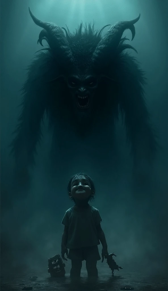  A dark and atmospheric scene with a menacing Krampus hanging over a  holding a broken toy;  the s expression is a mix of fear and regret , with a sinister aura surrounding the figure of Krampus .