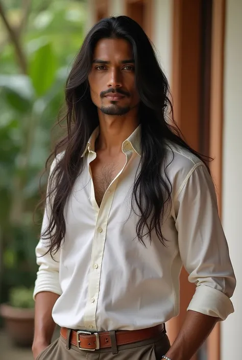 "A long-haired, fair-skinned Indian man with sharp, handsome features. He has straight, silky hair cascading down to his shoulders, neatly styled to frame his face. His deep, expressive eyes exude confidence and warmth, complemented by a well-defined jawli...