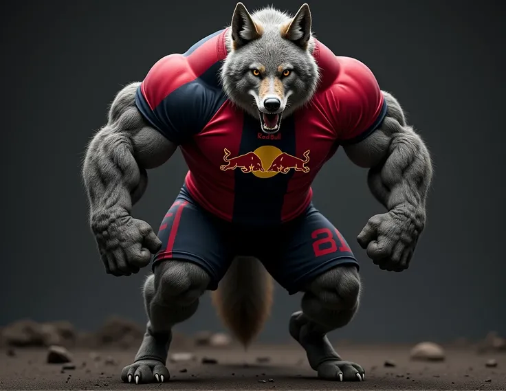  The image shows a   ,   Coyote with a powerful   ,    muscle building   , State and tall  .    The coyote wears a red and black striped shirt    .    The uniform fits your chest   , ARMS, and legs,    displaying the Redbull logo on your chest   .    The s...