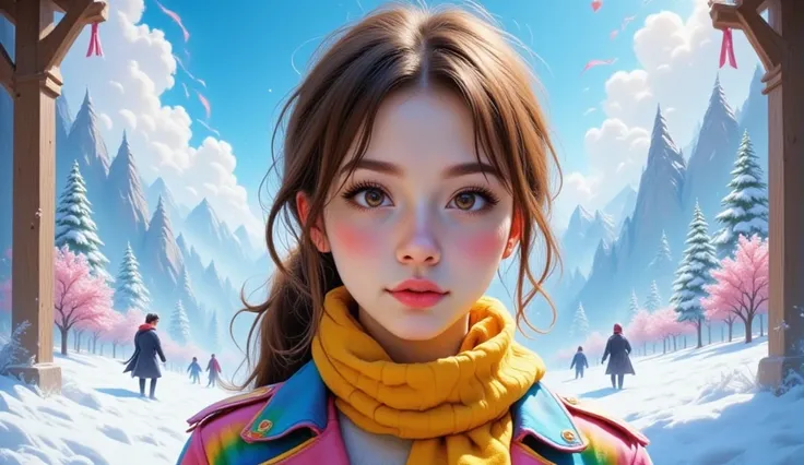 a funny young lady in rainbow trench coat and yellow scarf, fantasy anime style, snowy landscape, beautiful detailed eyes, beautiful detailed lips, extremely detailed face and features, 1girl, concept art, vibrant colors, dynamic lighting, intricate detail...