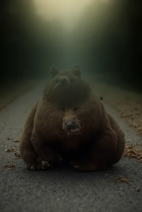 "On a quiet, desolate road surrounded by dense forest, a pregnant bear with thick, brown fur lies near the roadside, writhing in pain. Her massive belly swells prominently as she lets out anguished cries under the dim light of the setting sun. The bear’s f...