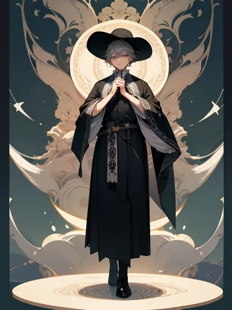  top quality 、masterpiece、male、 high res、Gray Hair、Cover your face with lace 、 large wide-brimmed hat、 full body standing picture