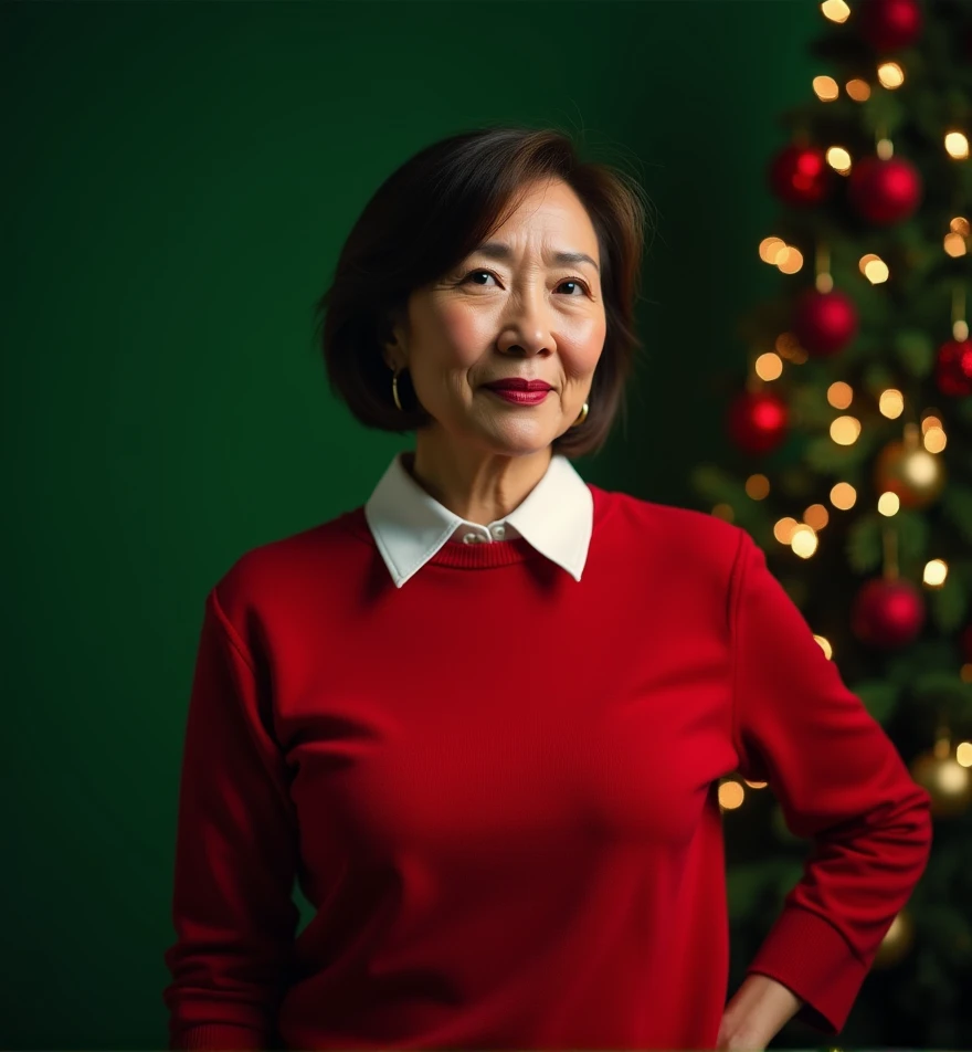     55-year-old asian woman pixie bob hairstyle dark brown, slightly wavy hair,  medium length hair, medium breasts, soft tone   ,  Ultra-high-definition facial details   ,    wearing shirt and red chrismas sweater , Black pants ,   fully seen. ,  Looking ...