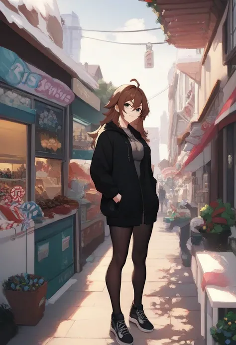 masterpiece, best quality, 1girl, gfrnd, black eyes, brown hair, ahoge, long hair, hair between eyes, hand in pocket, shoes, black hoodie, outdoors, black pantyhose, black legwear, shop, candy store, looking at building, candy, candy cane, cotton candy, ca...