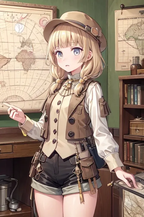 masterpiece, highest quality, Very detailed, 16k, Ultra-high resolution, Cowboy Shot, One  girl, Detailed face, Perfect Fingers, Golden Eyes, Blonde, Braid, A vest with many pockets, Shorts, Exploring knife, Safari Hat, compass, telescope, map, A cluttered...