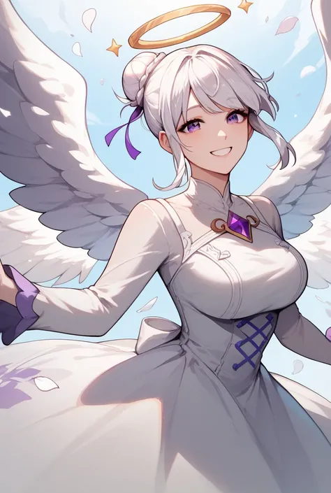 Mature Woman, fair skin, purple eyes, white hair, Two strands of hair falling over her face, hair tied in a bun , Angel wings,bangs ,long white dress, long sleeves,Smiling 