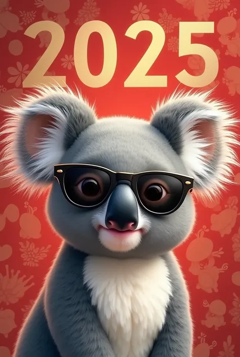 1 koala 。 facing the front in a bad way 。 celebrate 2025 by wearing invisible sunglasses。 with the year of the dragon pattern on the background the letters 2025 