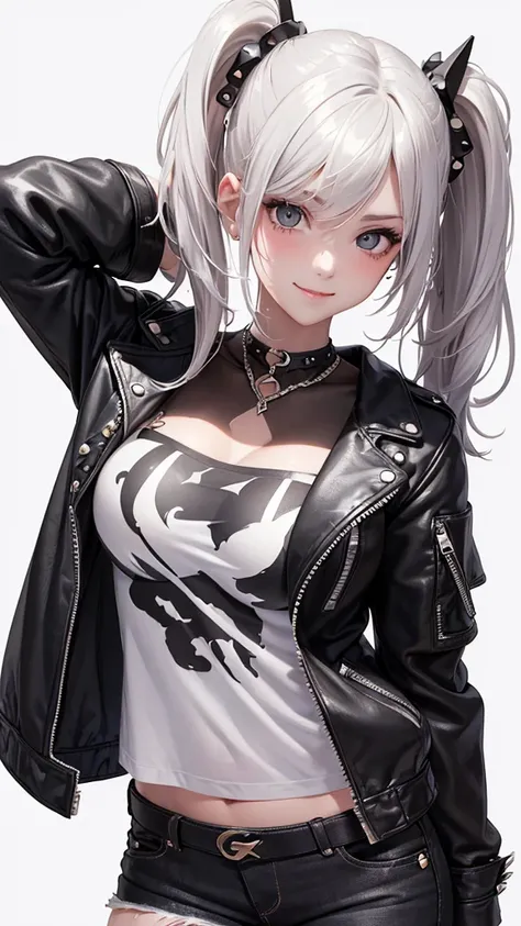 Best Quality,High resolution,8k,(plain white background, no patterns, no textures, just a plain white background:1.3),Masterpiece:1.2),beautiful girl,Big Breasts,(Glossy romance gray hair:1.3),messy hair,Beautiful grey eyes,A girl wearing a black leather j...