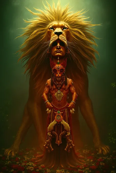 royal baby,  Brasileiro,  giving himself up as a sacrifice to God , dressed as a dancer ,  with the lion of the tribe of Judah as guardian