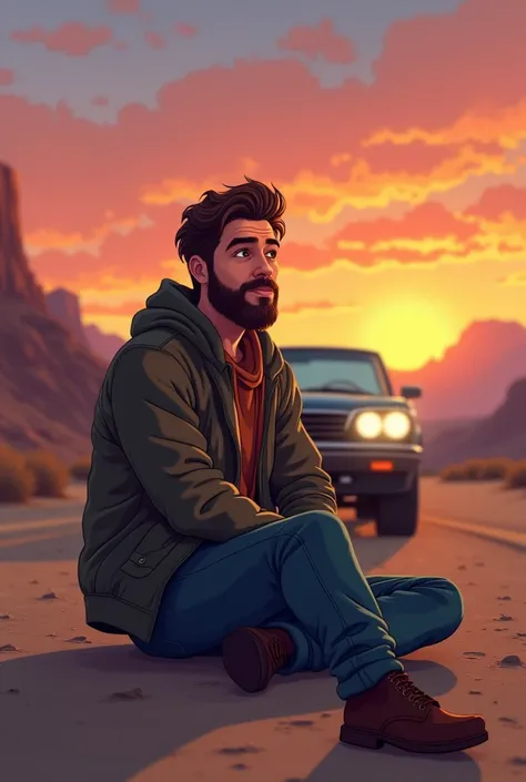 A photorealistic cartoonish image of a guy sitting in front of his car in the middle of the road of death valley. He has a handsome look with a beard and a cool jacket. He has a small smiling thinking about all his life and what the future holds for him. A...