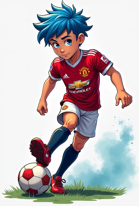 A logo in which a  who wear manchester united kit,the sponser name is snapdragon,his hair is blue,the ren is at oldtrafored,his age is about 16,his eye is blue,he capture a ball in his right foot in animation like, for tiktok purpose