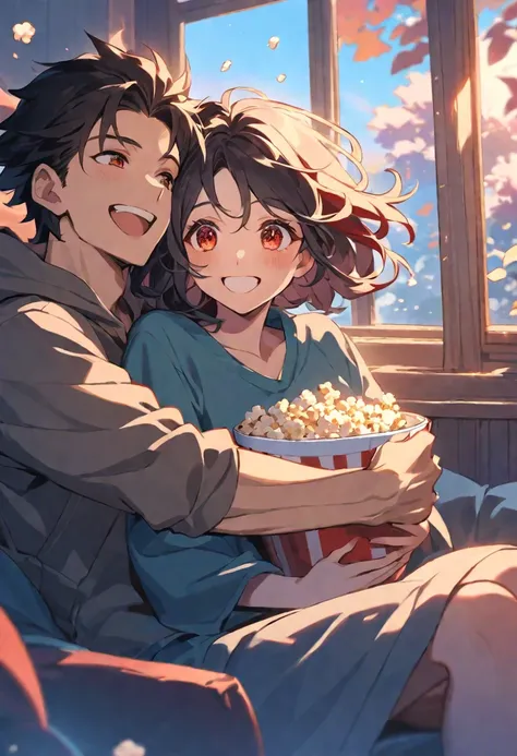 A man and a woman, both friends, are sitting together watching a movie. The man, with messy black hair and pale skin, holds a bowl of popcorn, occasionally taking a handful while his eyes stay on the screen. The woman, with fair skin and dark red hair, snu...