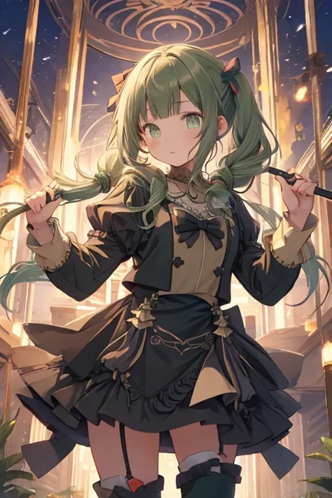 (masterpiece), (best quality), detailed,
1 girl, soro, twintails, long wavy hair twintails.hairs between eyes,dark green eyes ,dark green hair, (magical girl:1.2),
bow, dress, (pink:0.6), over legwear, boots, too many frills, too many bow, standing,striped...