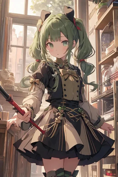 (masterpiece), (best quality), detailed,
1 girl, soro, twintails, long wavy hair twintails.hairs between eyes,dark green eyes ,dark green hair, (magical girl:1.2),
bow, dress, (pink:0.6), over legwear, boots, too many frills, too many bow, standing,striped...