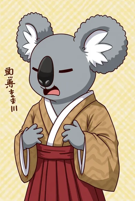 1 koala 。 facing the front in a bad way 。Wearing hakama。目は見えないサングラスをかけて2025のレンズをつけて祝う。There is a dragon pattern on the background 。2025