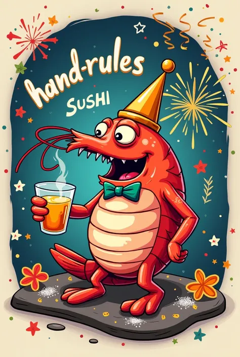 Create a logo for my handroll business that contains the word Hand-rules sushi and that a shrimp is in a party celebrating New Year and very drunk
