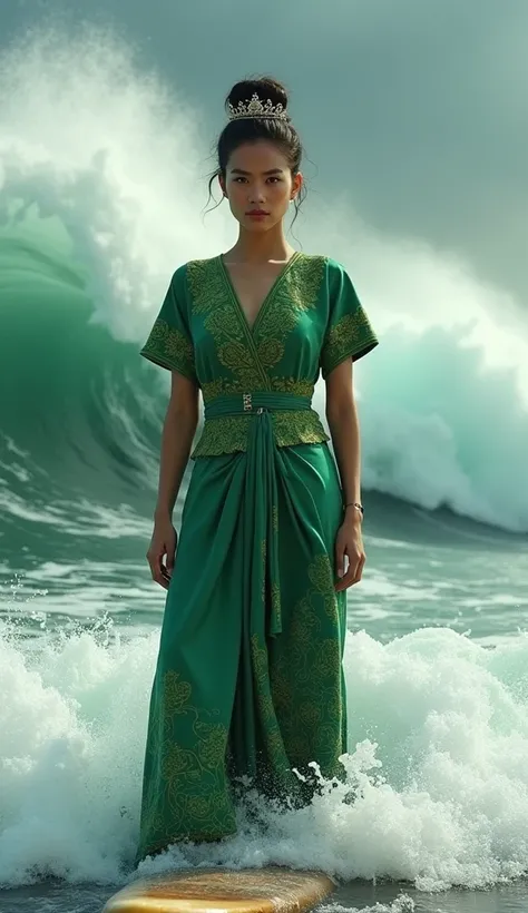 a stocky white indonesian woman wearing an elegant classic green kebaya and a crown and a medium bun standing on a surfboard amidst the rushing waves of the rising sea hyper realistic 8K image