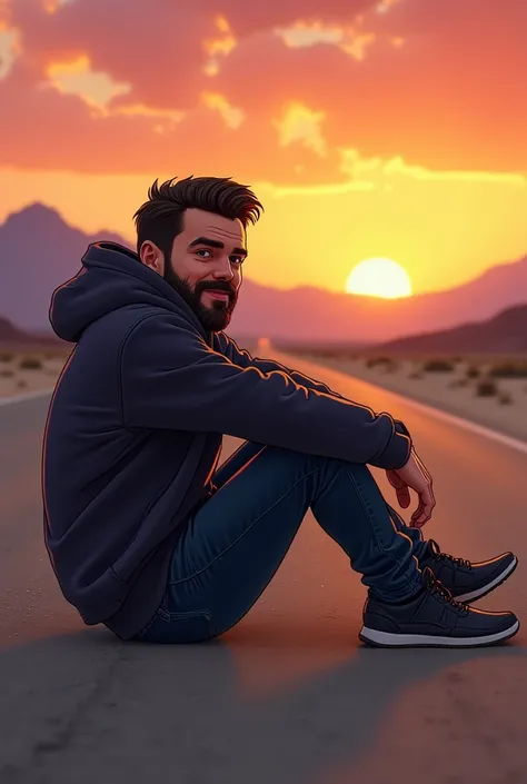 A photorealistic cartoonish image of a guy sitting in front of his car in the middle of the road of death valley. He has a handsome look with a beard and a cool jacket. He has a small smiling thinking about all his life and what the future holds for him. A...